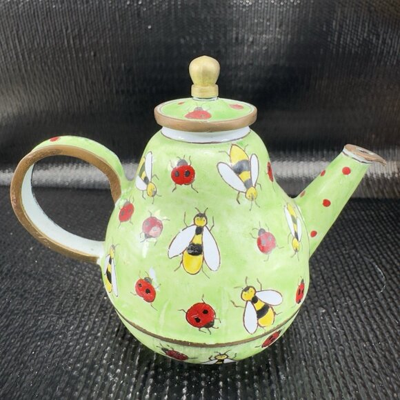 1999 KELVIN CHEN Enamel Lidded Tea Pot Mini Teapot Bee Ladybug Small Jug Pitcher - Picture 1 of 10